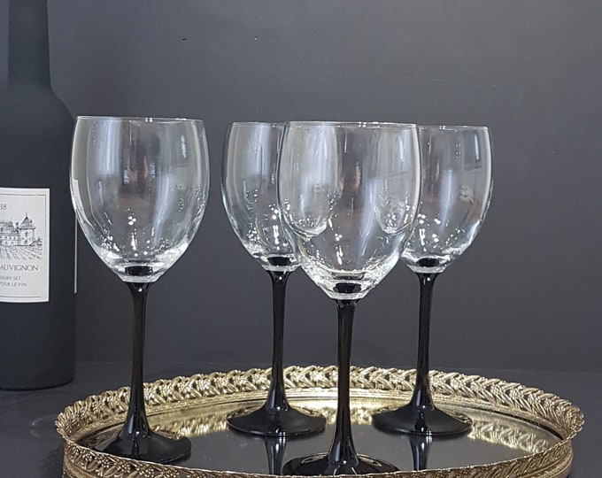 Luminarc DOMINO Wine Glasses, 10oz, Vintage Black Stemmed Wine Glass, Set of 4