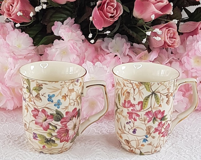 2pc Royal Elfreda Laura Rosary Floral Porcelain Mug Set for Tea or Coffee