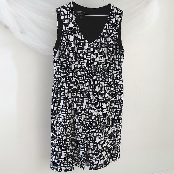 Jones New York Navy and White Abstract Geometric Print Sleeveless Sheath Dress