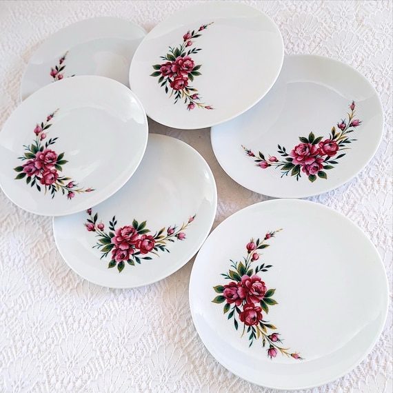 1960s Schumann Bavaria Pink Rose Porcelain Salad Plates Set of 6