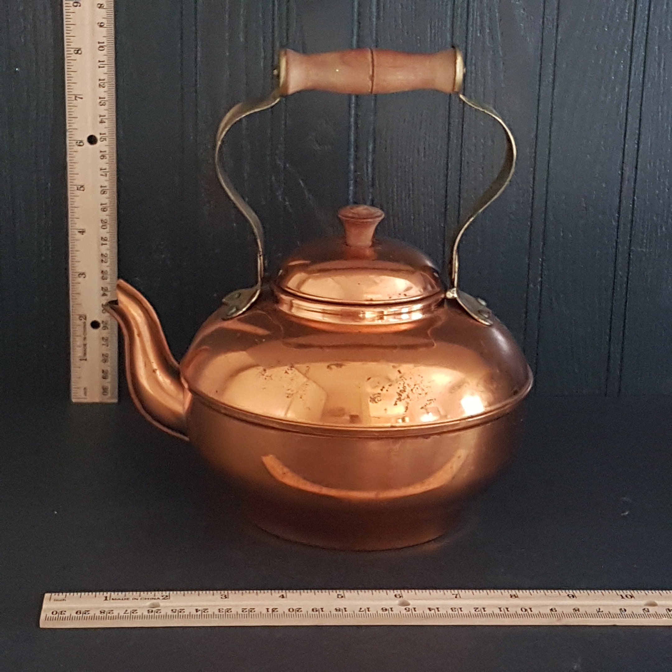 Vintage Portugal Copper Kettle, Brass Wood Handle, 9 Cup Capacity