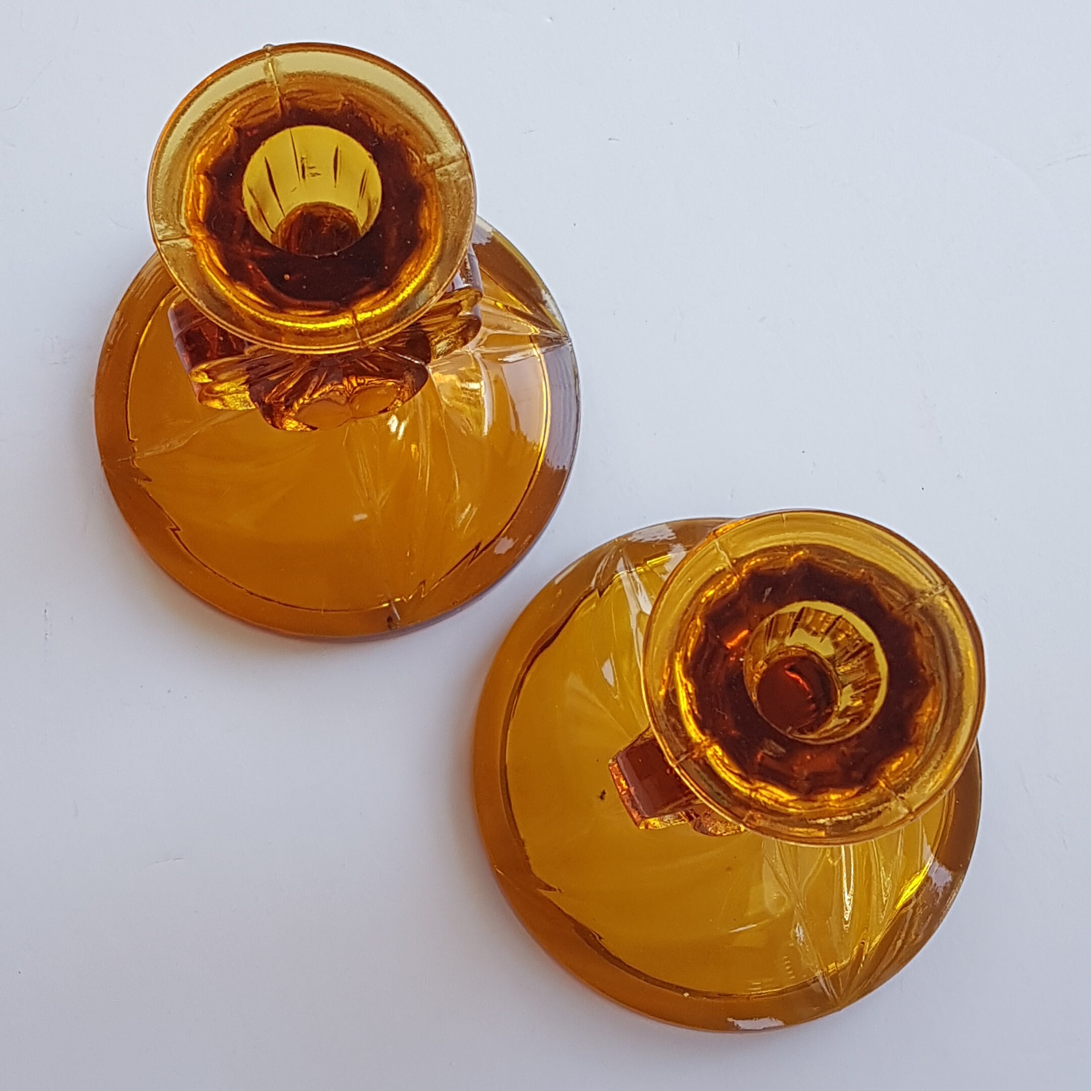 Amber Glass Candlesticks, Daisy Flower Stem, Bagley Glass, Made in USA