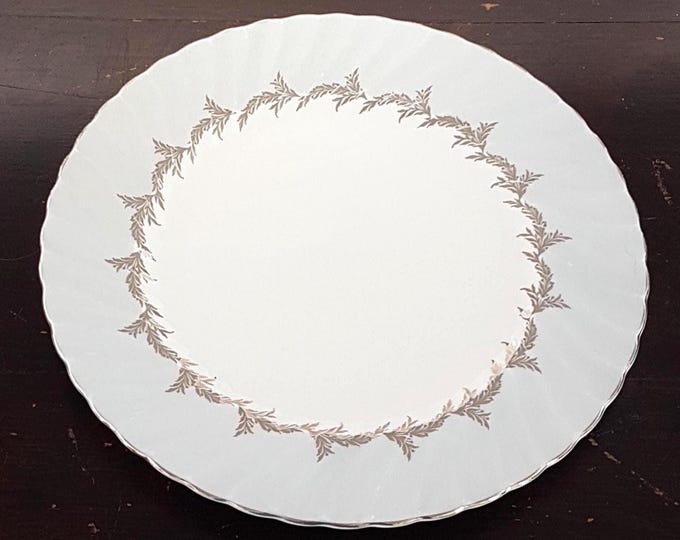 Elegant Vintage Foley Bone China Dinner Plate - Silver Fern Pattern, Gray Rim, English Tableware