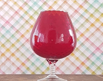 Vintage Empoli Red Glass Vase: Mid Century Twisted Stem Pedestal Bowl