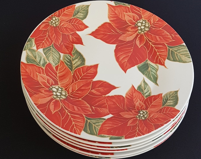 Salad Plates, Royal Norfolk, Red Poinsettia Christmas Flowers, 8 Inch, Set of 6 Dessert Plates, Christmas Dinnerware