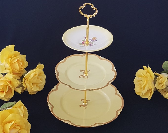 3 Tier Cake Stand, Mismatched Vintage Plates, Monogrammed Haviland Limoges and Royal Stafford, Tea Party Serving Tray