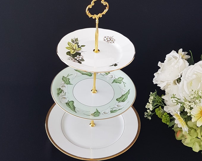 3 Tier Cake Stand, Mismatched Plates, Limoges, Noritake, Green with White Calla Lily, Afternoon Tea Party, Serving Tray