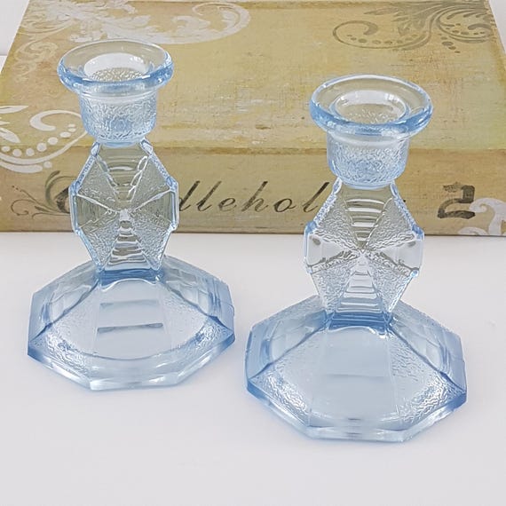 2pc Vintage Ice Blue 5 Inch Taper Candlestick Holders Art Deco Glass Candle Sticks