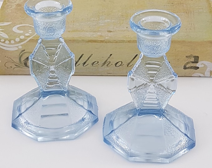 2pc Vintage Ice Blue 5" Taper Candlestick Holders