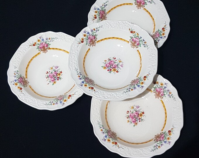 Myott Staffordshire, Set of 4 Vintage Berry Bowls, 3 Pink Roses, Purple, Blue, Yellow Red Flowers, Embossed Floral Rim