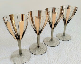 Vintage Mid Century Modern Smoked Glass Wine Glasses with Gold Stripes - Set of 4