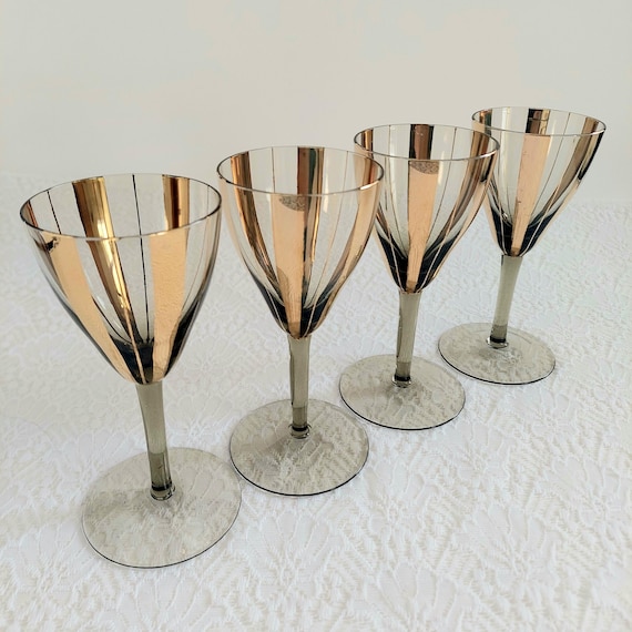 Vintage Mid Century Modern Smoked Glass Wine Glasses with Gold Stripes - Set of 4