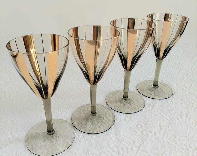 Vintage Mid Century Modern Smoked Glass Wine Glasses with Gold Stripes - Set of 4