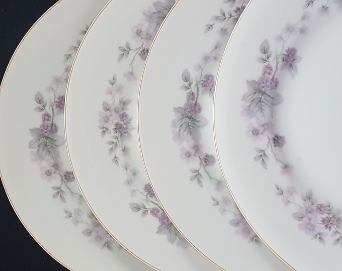 Set of 4 Dessert Plates, AMETHYST by Continental China Company, 7.5 Inch, Mauve Purple Pink Flowers, Gray Leaf, Made in Germany