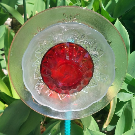 Handmade Red Ruby Glass Garden Flower Stake Vintage Yard Art Outdoor Garden Decor Gift