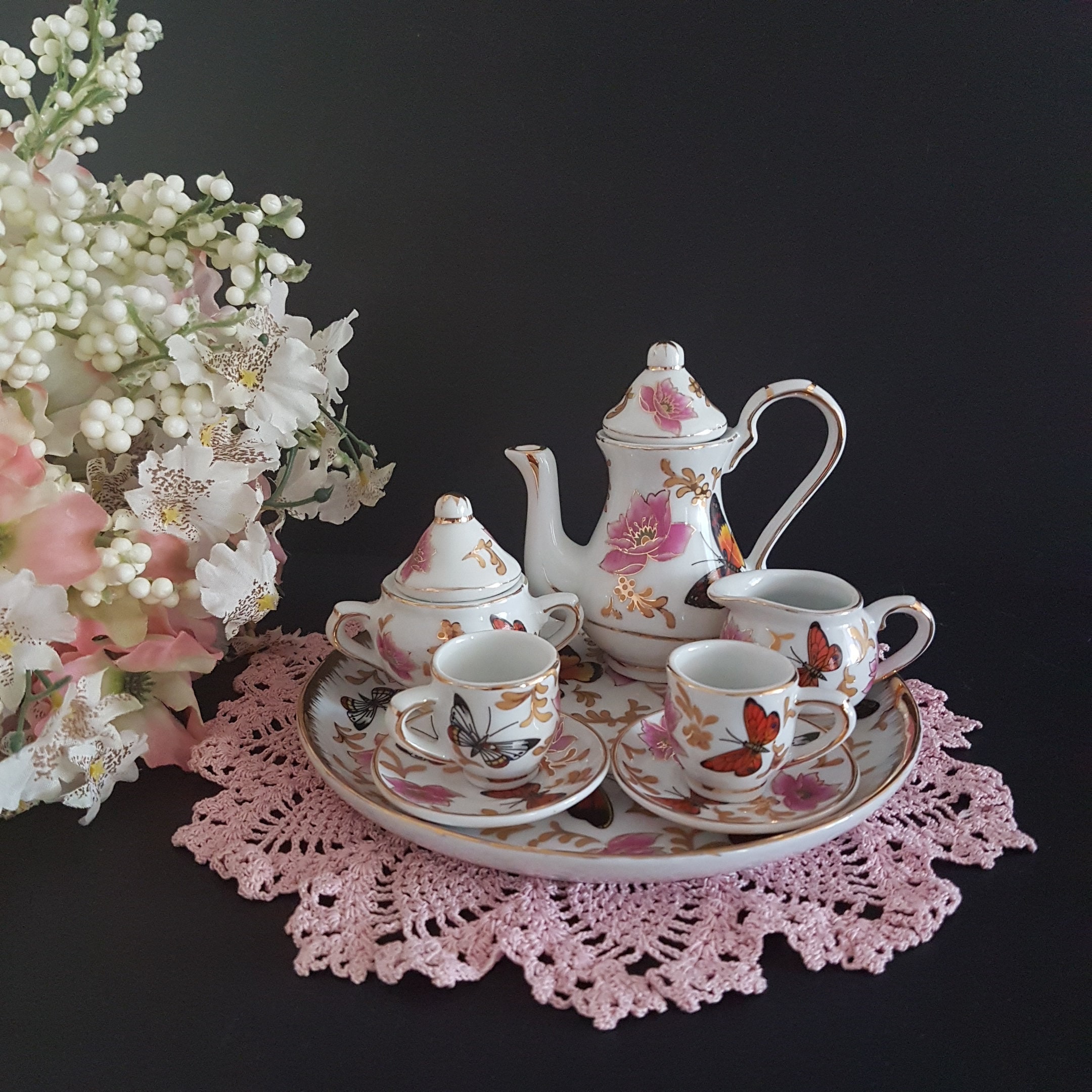 Allison L.L. Fine Porcelain BUTTERFLY Miniature Tea Set for 2