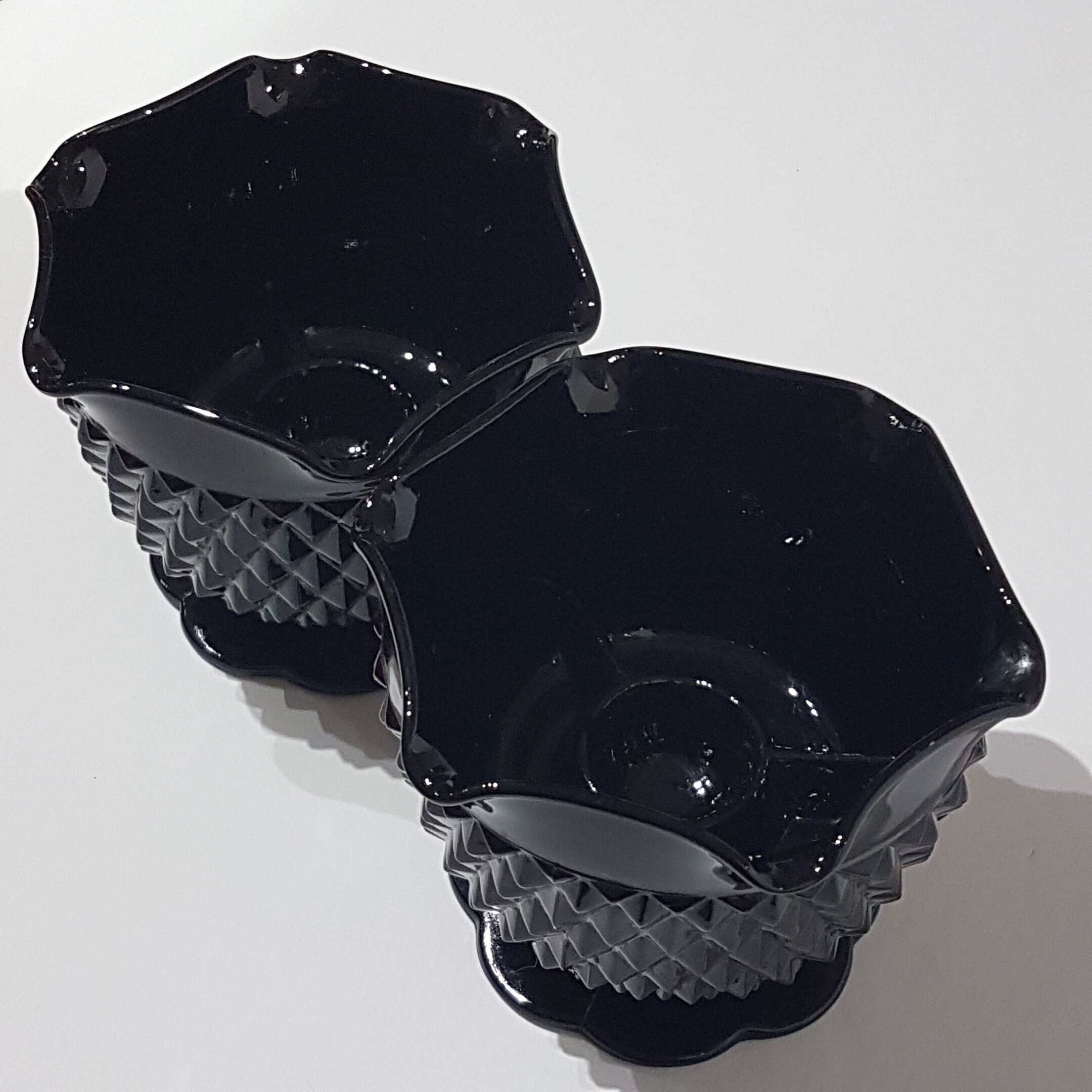 Pair of Candlestick Holders, Indiana Glass Cameo Black Diamond Point