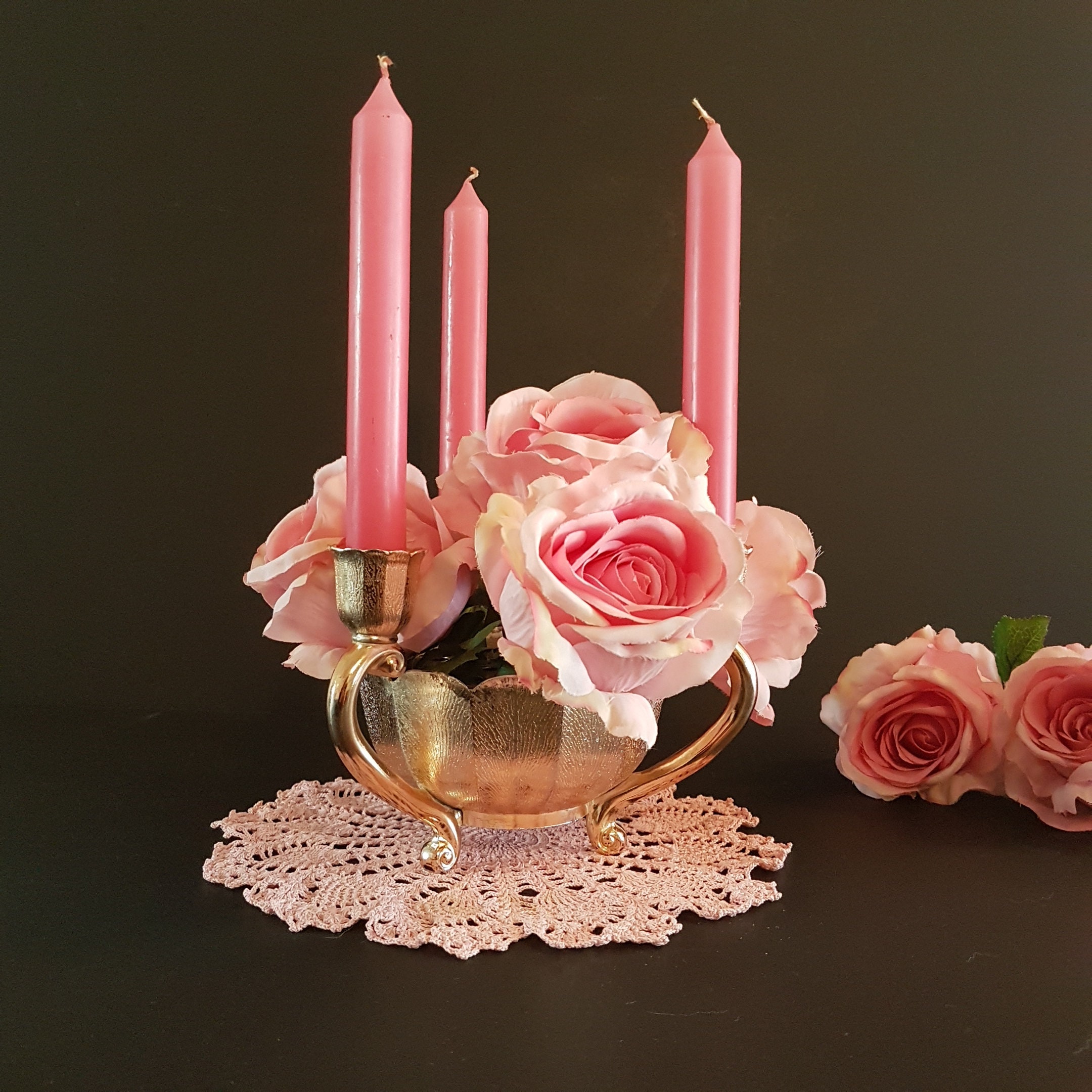 Vintage Lotus Flower 3 Taper Candlestick with Flower Frog, 3 Arm