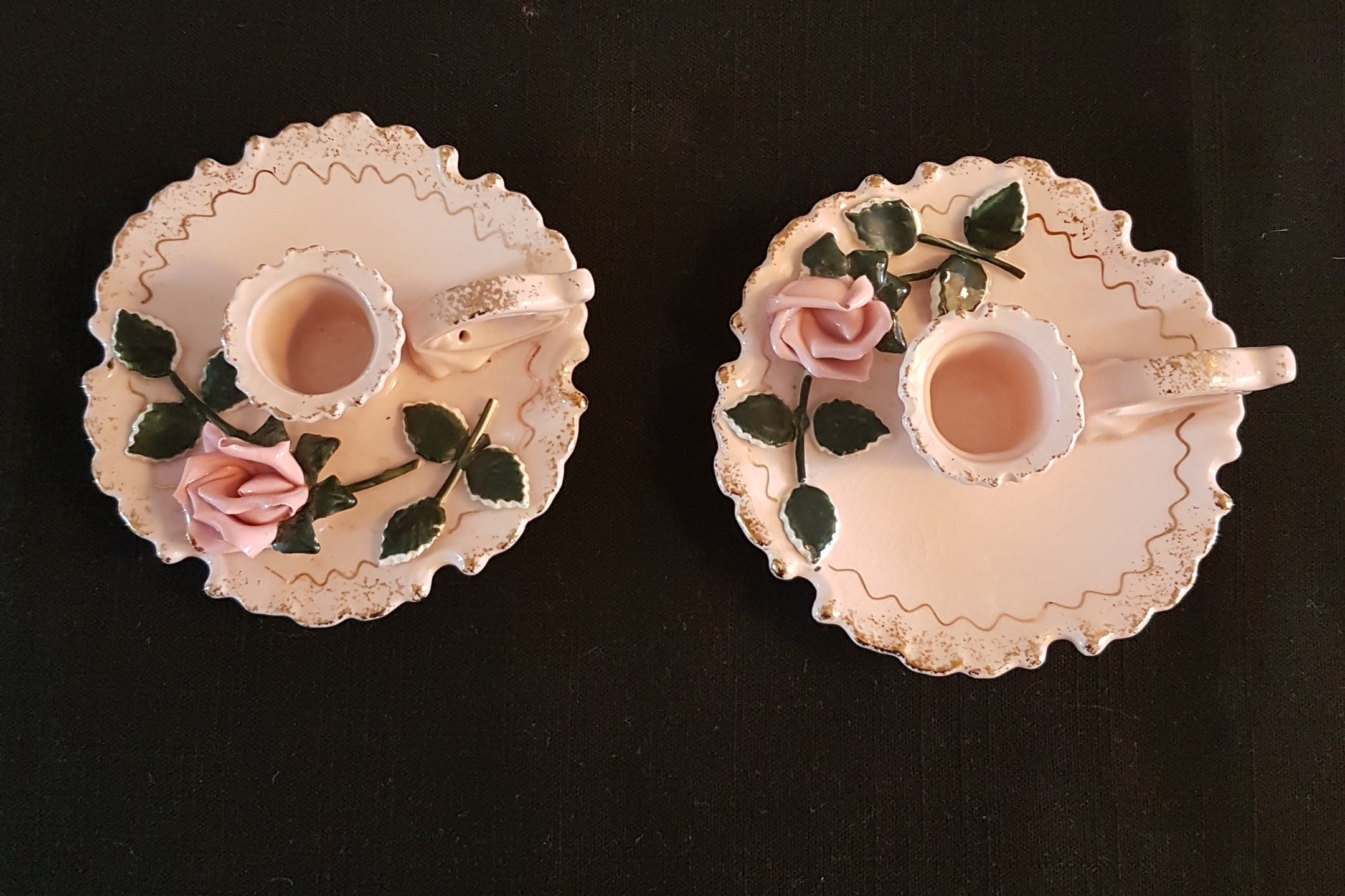 Pair of Pink and Gilt, Hand Held Candlesticks Holders, Ceramic Candlestick Holders, Shabby Chic
