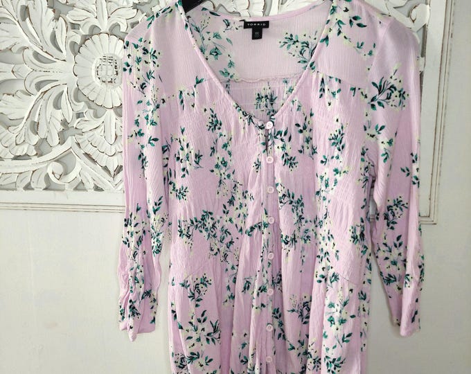 Floral Pink Crinkle Gauze Smocked Button Front Blouse Medium Large