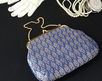 Hand Made, Vintage Wrist Purse, Converts to Clutch Purse, Kiss Lock, Royal Blue with Silver Florals, Made in India