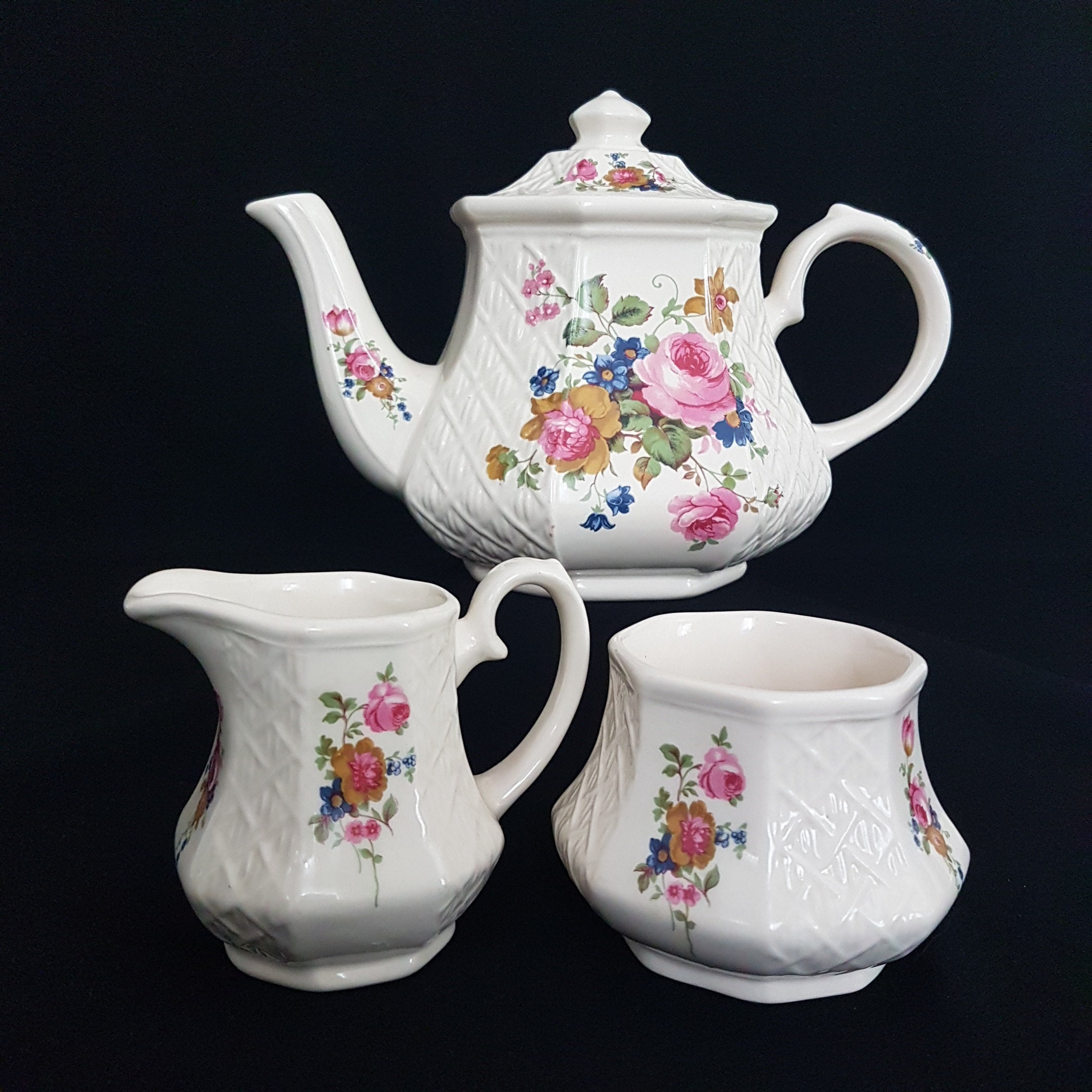 Sadler Teapot Set Vintage Tea Pot Cream Sugar Set Floral