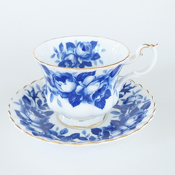 Vintage Royal Albert Aristocrat Teacup Saucer Cobalt Blue Rose Bone China Tea Cup