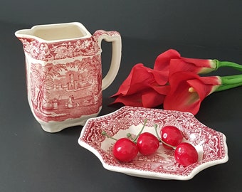 Masons VISTA Red Square Creamer Jug or Sweet Dish, Red Pink Transferware, Vintage English Ironstone, Made in England, 1940s