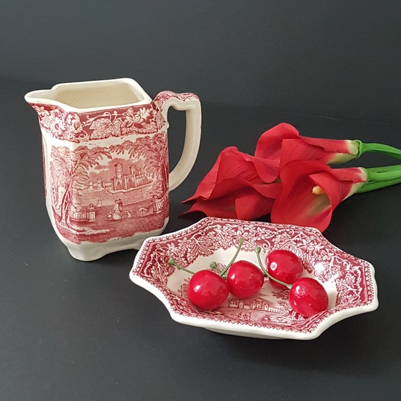 Masons VISTA Red Transferware Creamer Jug or Sweet Dish, Vintage Ironstone