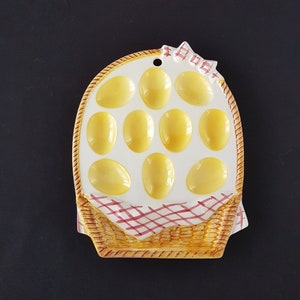 Vintage Lefton Ceramic Deviled Egg Tray, Hand Painted, Wall Hanging, 10 Eggs in a Basket