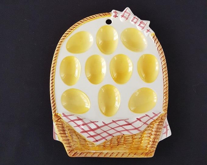 Vintage Lefton Ceramic Deviled Egg Tray, Hand Painted, Wall Hanging, 10 Eggs in a Basket