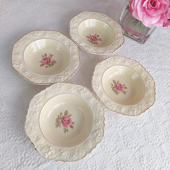 Crown Ducal Florentine Rose Marie Pink Cottagecore Cereal Bowl Set Vintage Shabby Chic Tableware