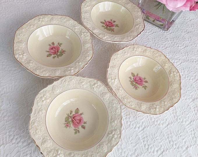 Crown Ducal Florentine Rose Marie Pink Cottagecore Cereal Bowl Set Vintage Shabby Chic Tableware