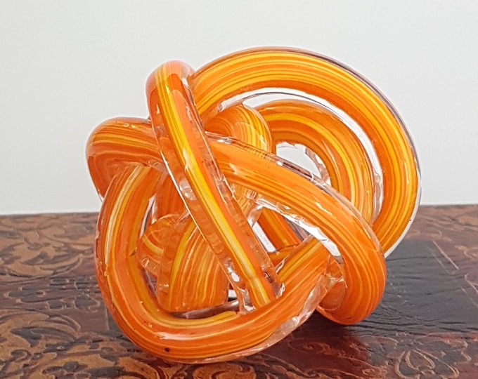 Vintage 3-inch Orange Abstract Glass Orb Infinity Knot Sculpture Paperweight - Unique Desk Decor
