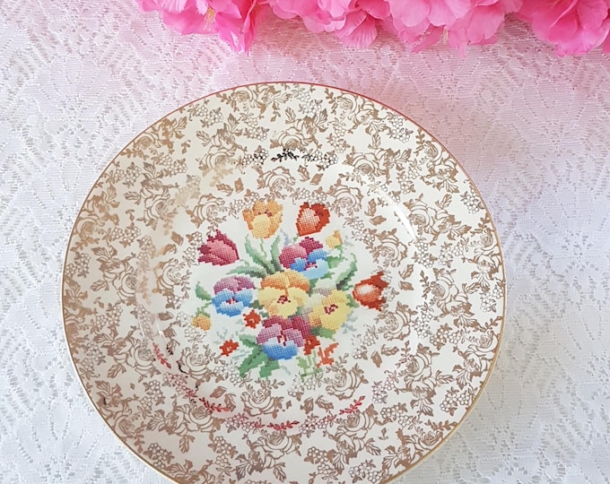 Vintage H K Tunstall Old English Sampler Salad Plates, Set of 4, Hollinshead Kirkham Petit Point, 1930s England