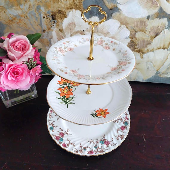 Bone China 3-Tier Wedding Cake Stand Silver Hardware Tiered Dessert Tray