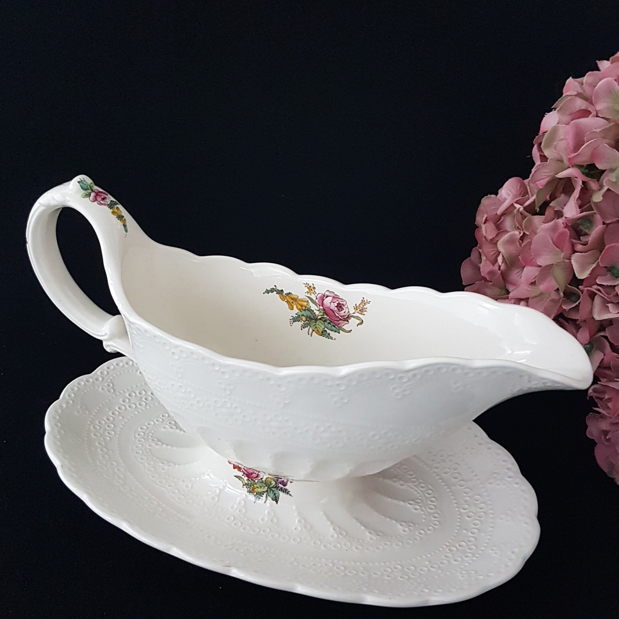 Spode HEATH AND ROSE Gravy Boat with Attached Underplate, Multicolor Floral Center, Embossed