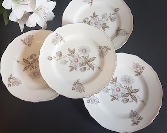 4pc Dessert Plate Set, Silver Gray Flower, Franconia-Krautheim Selb Bavaria Germany