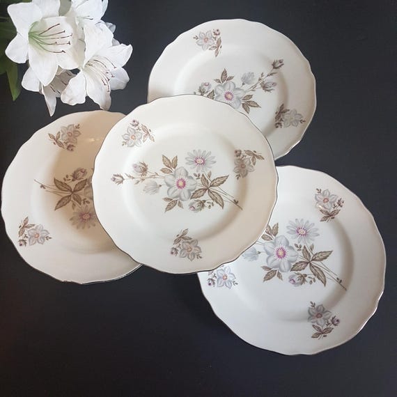 Vintage Silver Gray Flower Dessert Plates 4pc Franconia-Krautheim Selb Bavaria Germany China Set
