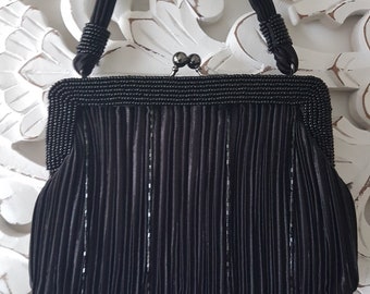 Jessica McClintock Black Beaded Evening Bag, Kiss Lock
