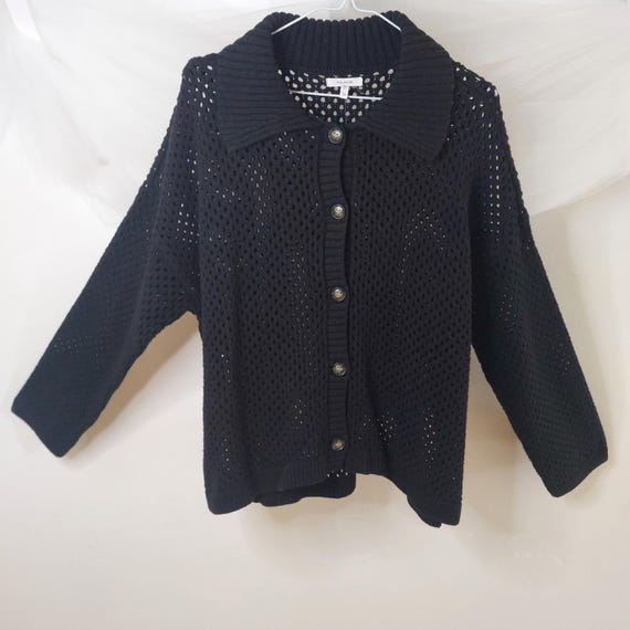 Maurices Black Crochet Knit Collar Cardigan • Size 2X Boho Open Stitch Button Up Sweater