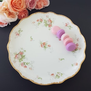 French Vintage Limoges Porcelain 13&quot; Large Round Serving Platter, Hand Painted Peach Flowers, Made in France, 1898