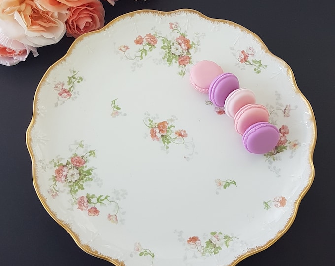 French Vintage Limoges Porcelain 13" Large Round Serving Platter, Hand Painted Peach Flowers, Made in France, 1898