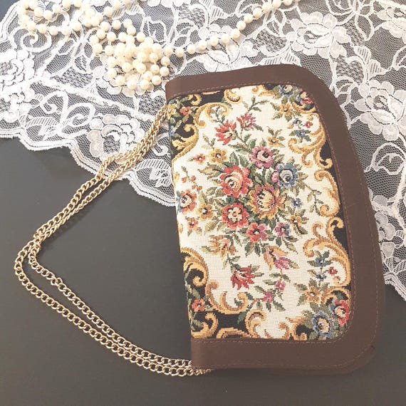 Vintage Floral Tapestry Evening Clutch with Gold Chain - 1960s Hong Kong