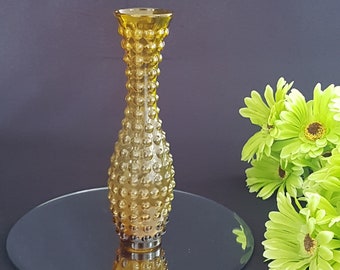 Vintage Amber Hobnail Bud Vase Mid-Century Bubble Glass 9 Inch Tall