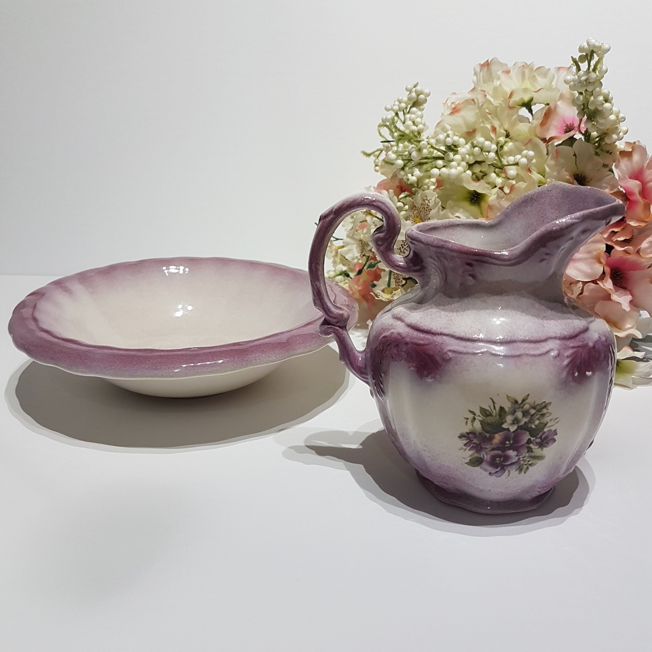 Vintage Arner's Ceramic Purple Violets Floral Pitcher & Basin Set
