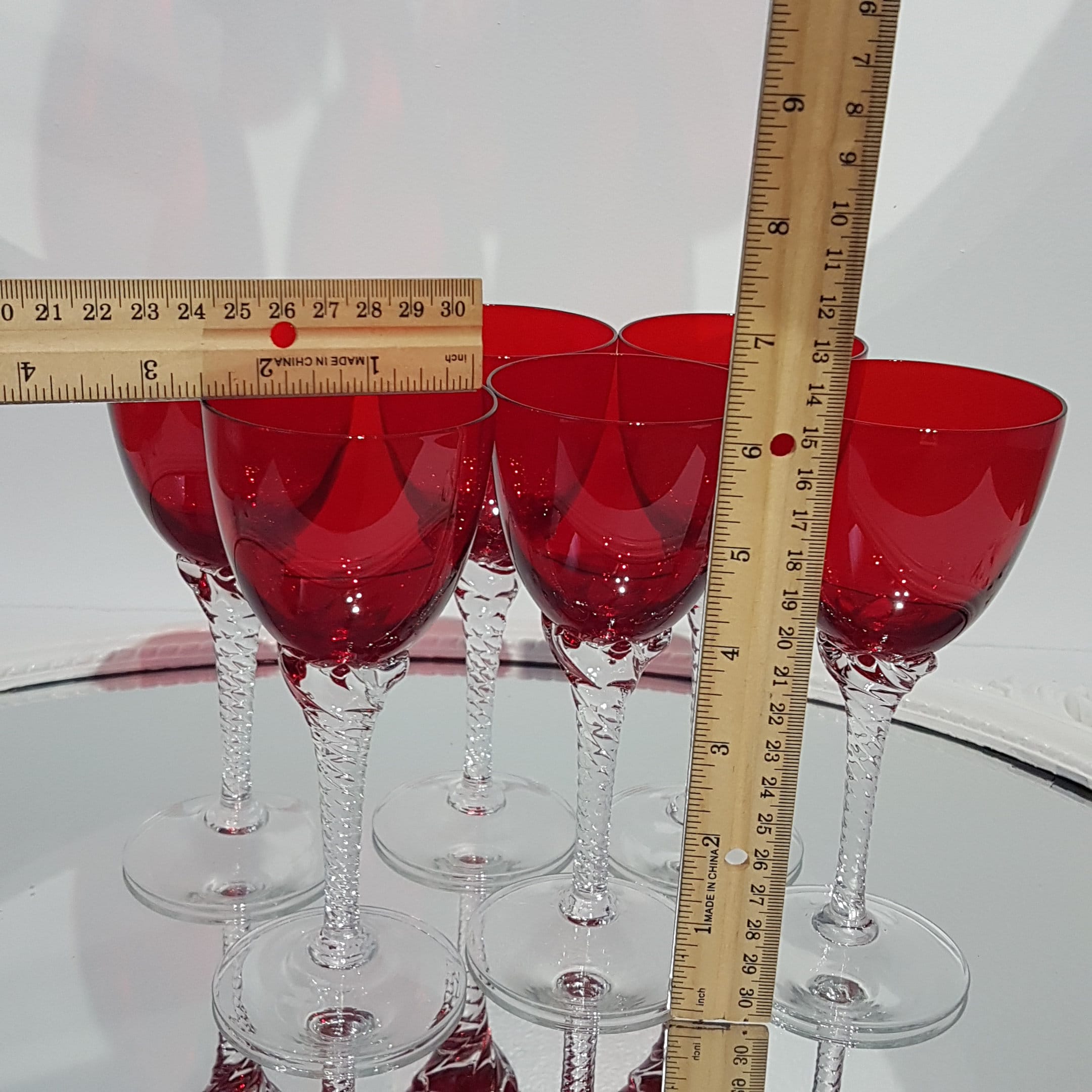 Hand Blown Cocktail Glasses with Red Twisted Stem - Set of 4