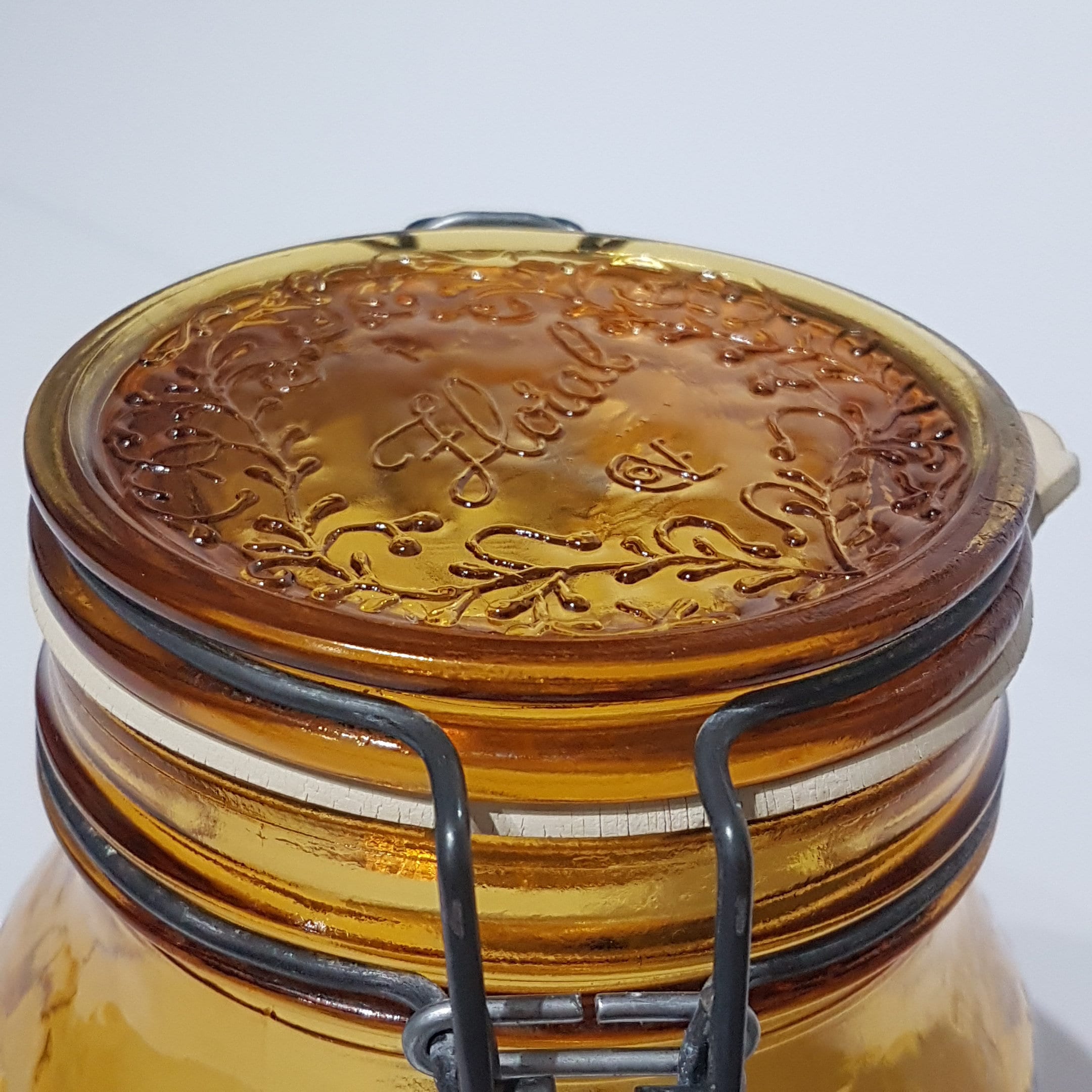 Vintage Amber Italian Glass Jar with Snap Lid, Apothecary Jar, Kitchen Storage Canister Jar, 1970's