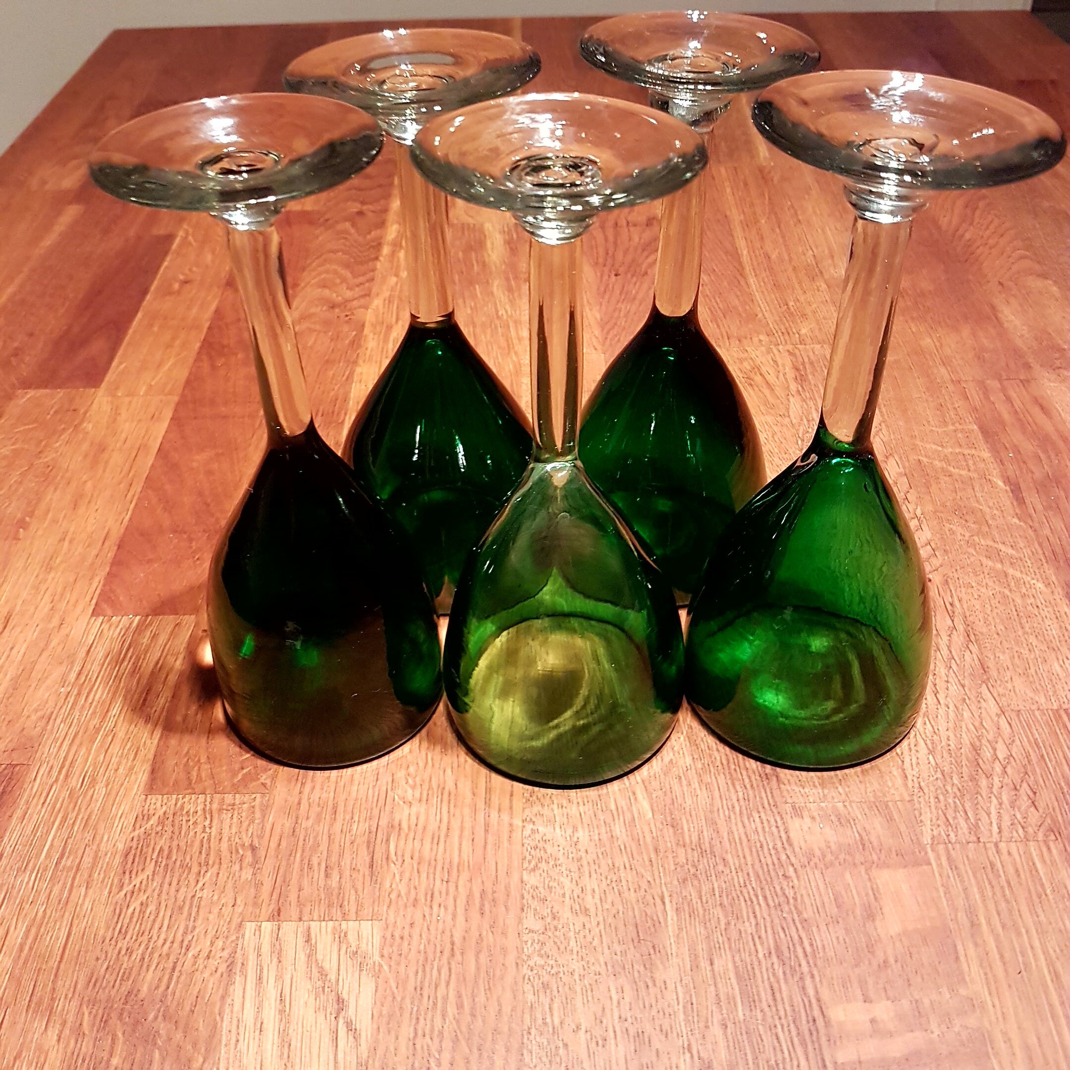 Set of 5 Green Hand Blown Wine Glasses