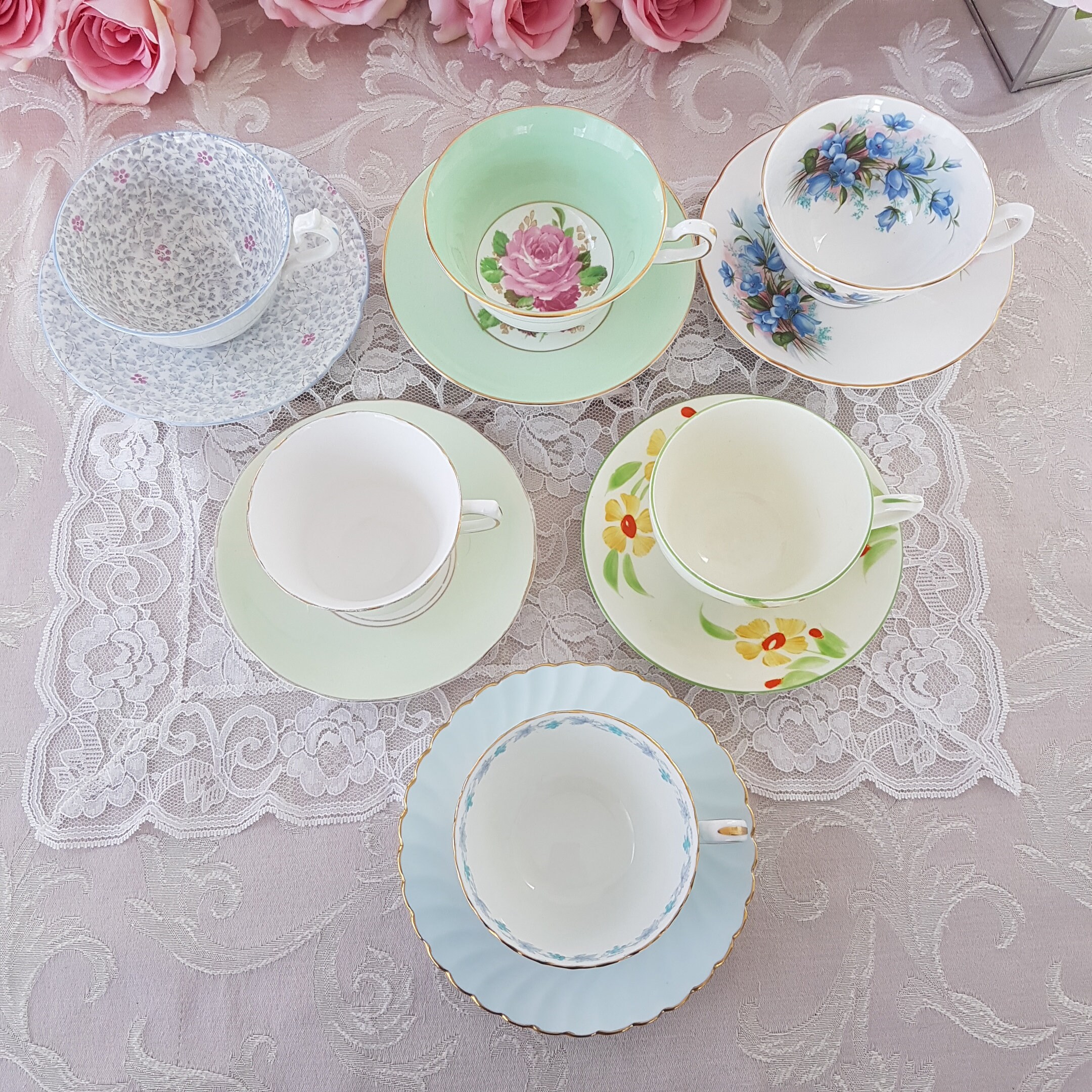 LOT of 6 Mismatched Tea Cups and Saucers, Bulk Vintage English Bone China, High Tea, Bridal